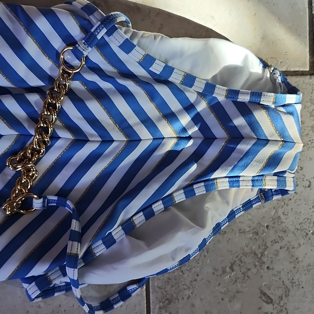 NWT Juicy Couture One Piece Blue & White Gold Tone Chain Halter Neck Swimsuit - Picture 9 of 16